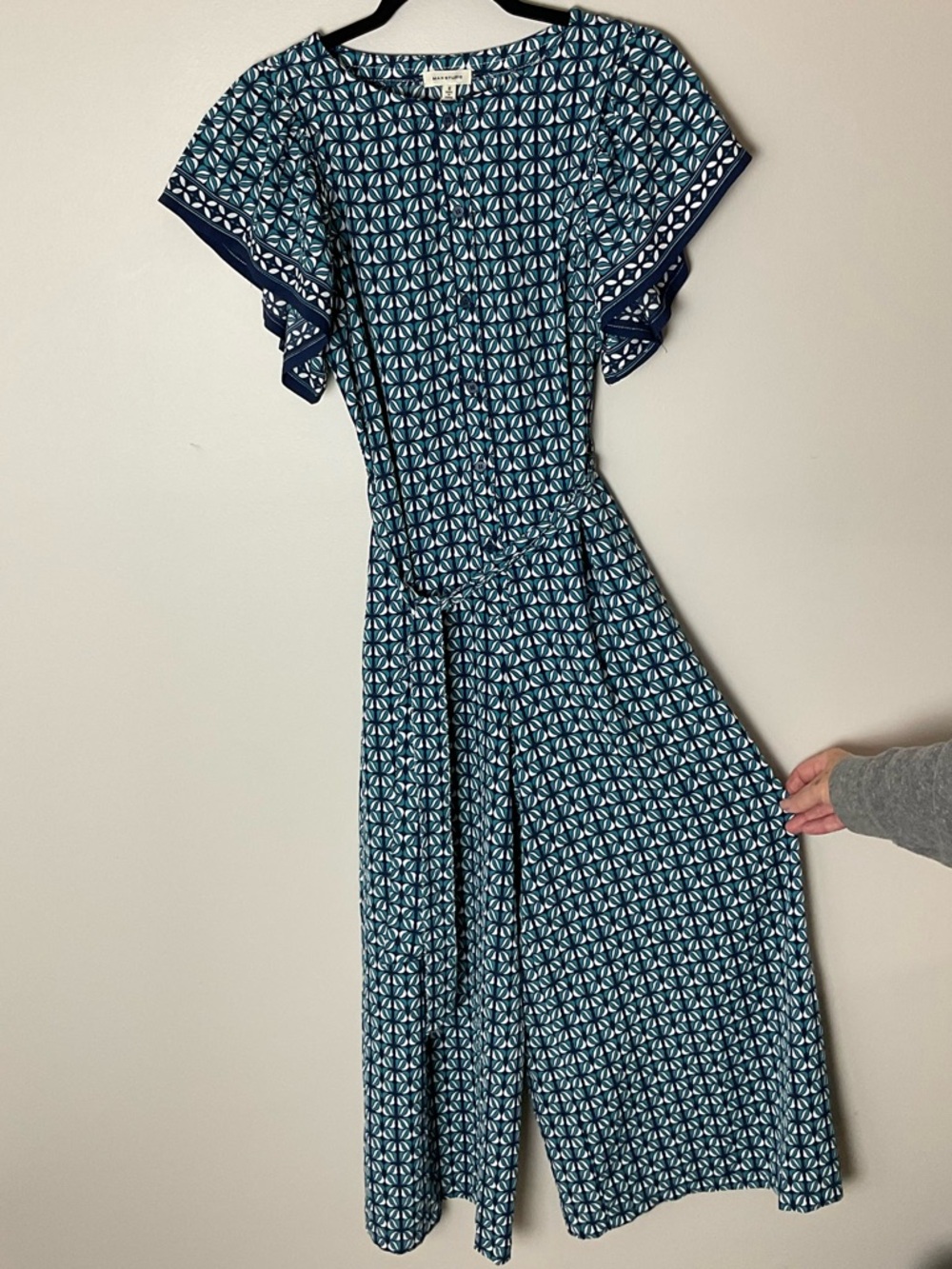 NWT Max Studio Blue Geometric Flutter-Sleeve Wide-Leg Resort Cruise Jumpsuit